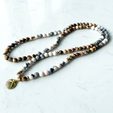 Natural Zebra Jasper Seashell Mala