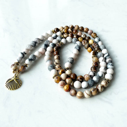 Natural Zebra Jasper Seashell Mala