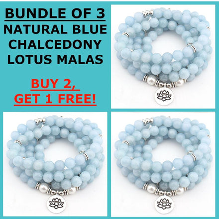 Mala Bundle of 3 Natural Blue Chalcedony Lotus Malas Third Eye Transcend