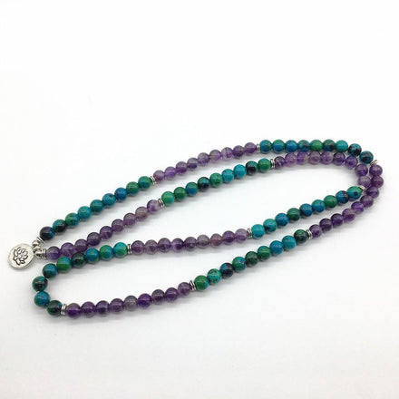 Mala Natural Amethyst and Chrysocolla Lotus Mala bead amethyst Third Eye Transcend amazonite mala meditation stone crysal reiki crystal healing bracelet necklace yoga bracelet yoga beads