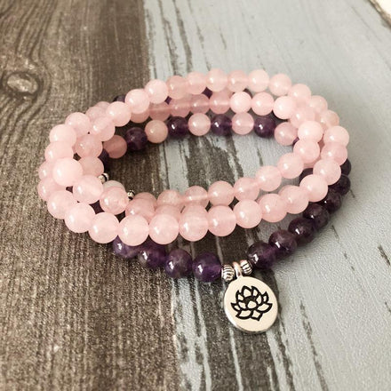 Mala Natural Amethyst and Rose Quartz Lotus Mala bead amethyst Third Eye Transcend amazonite mala meditation stone crysal reiki crystal healing bracelet necklace yoga bracelet yoga beads