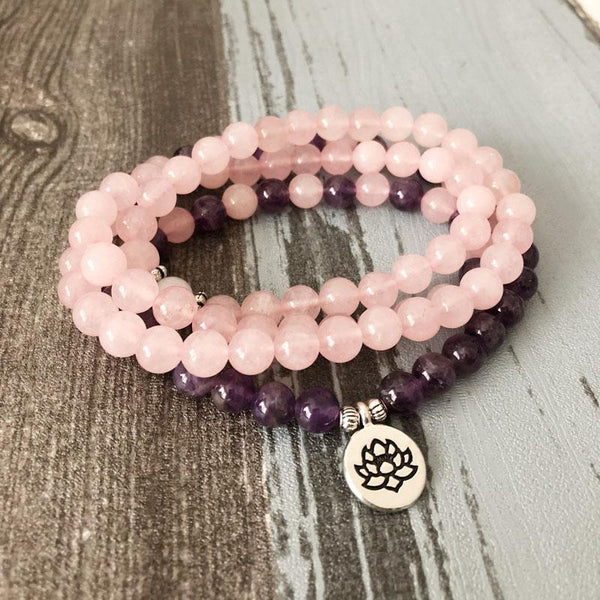 Mala Beads Lotus OM Buddha Charm Bracelet - Pink - Spiritual Jewelry