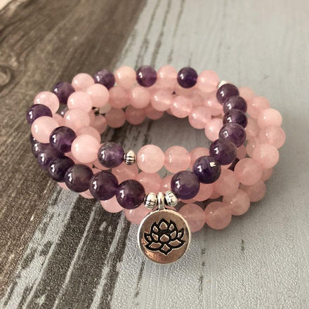 Mala Natural Amethyst and Rose Quartz Lotus Mala bead amethyst Third Eye Transcend amazonite mala meditation stone crysal reiki crystal healing bracelet necklace yoga bracelet yoga beads