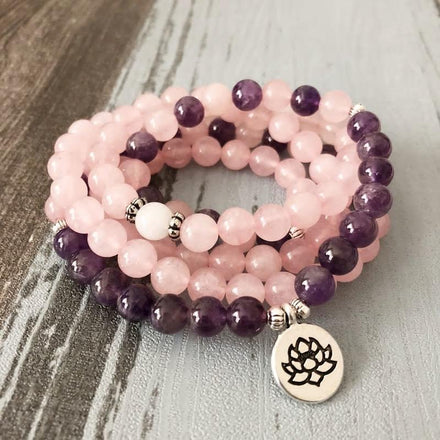 Mala Natural Amethyst and Rose Quartz Lotus Mala Third Eye Transcend