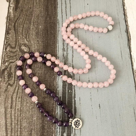 Mala Natural Amethyst and Rose Quartz Lotus Mala Third Eye Transcend