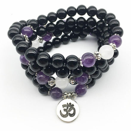 Mala Natural Black Onyx and Amethyst Om Mala bead amethyst Third Eye Transcend amazonite mala meditation stone crysal reiki crystal healing bracelet necklace yoga bracelet yoga beads