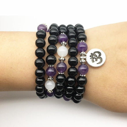 Mala Natural Black Onyx and Amethyst Om Mala bead amethyst Third Eye Transcend amazonite mala meditation stone crysal reiki crystal healing bracelet necklace yoga bracelet yoga beads