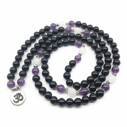 Mala Natural Black Onyx and Amethyst Om Mala bead amethyst Third Eye Transcend amazonite mala meditation stone crysal reiki crystal healing bracelet necklace yoga bracelet yoga beads