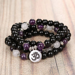 Mala Natural Black Onyx and Amethyst Om Mala Third Eye Transcend