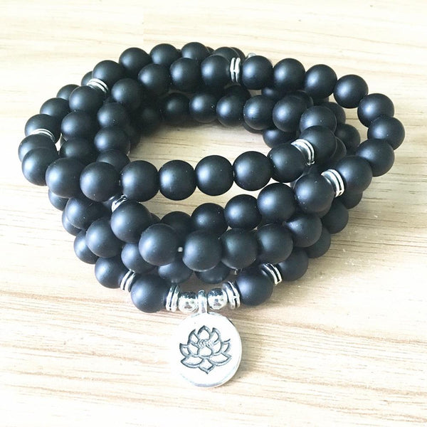 Men's store Tashi Mala Bracelet | Matte Black Onyx Gemstones | Wood Grain Agate | Luxury Mala Beads | Health | Balance | Protection | Abundance