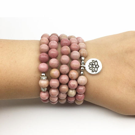 Natural Rhodonite Mala with Silver Lotus Pendant