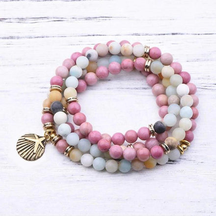 Mala Seashell Amazonite and Rhodochrosite Mala bead amethyst Third Eye Transcend amazonite mala meditation stone crysal reiki crystal healing bracelet necklace yoga bracelet yoga beads
