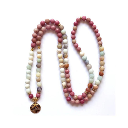 Mala Seashell Amazonite and Rhodochrosite Mala bead amethyst Third Eye Transcend amazonite mala meditation stone crysal reiki crystal healing bracelet necklace yoga bracelet yoga beads