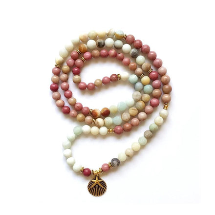Mala Seashell Amazonite and Rhodochrosite Mala bead amethyst Third Eye Transcend amazonite mala meditation stone crysal reiki crystal healing bracelet necklace yoga bracelet yoga beads