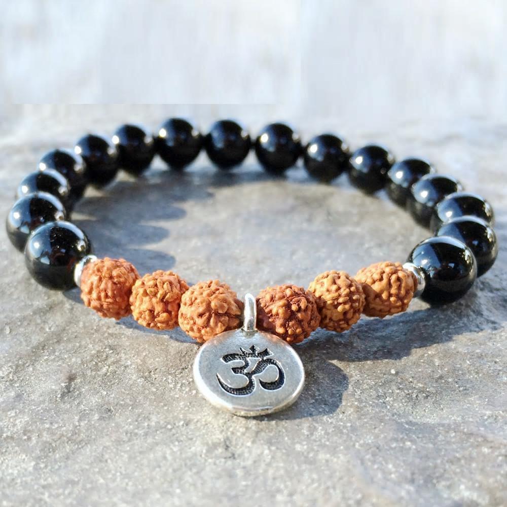 10 mm Black Basalt Lava Stone & Rudraksha Wrist Mala Beads Bracelet -  Grounding, Fertility, Calming, Energizing, Stability, Increase Libid