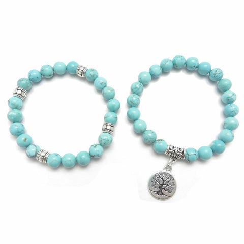 Turquoise Bracelet Stacks with silver Tree of Life pendant and Silver accents 2 piece