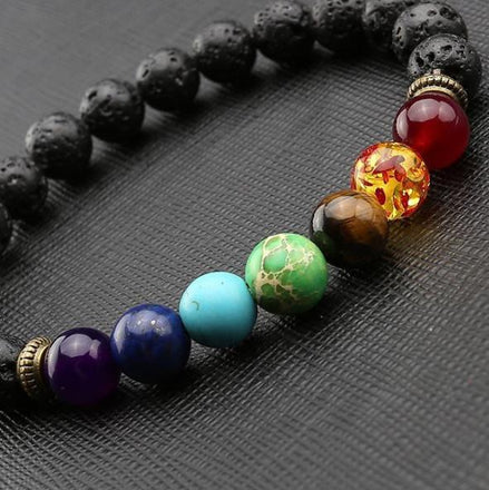Certified 7 Chakra 8mm Natural Stone Bracelet With Lava Stone