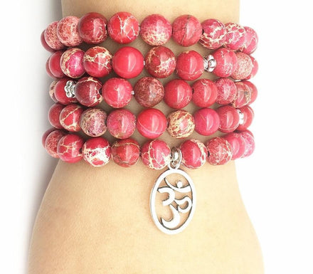 Natural Red Calcite  Mala with Silver Om Pendant