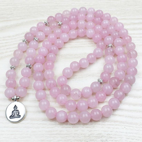 Meditating Buddha Mala Bracelet of 108 beads in Natural Rose Quartz